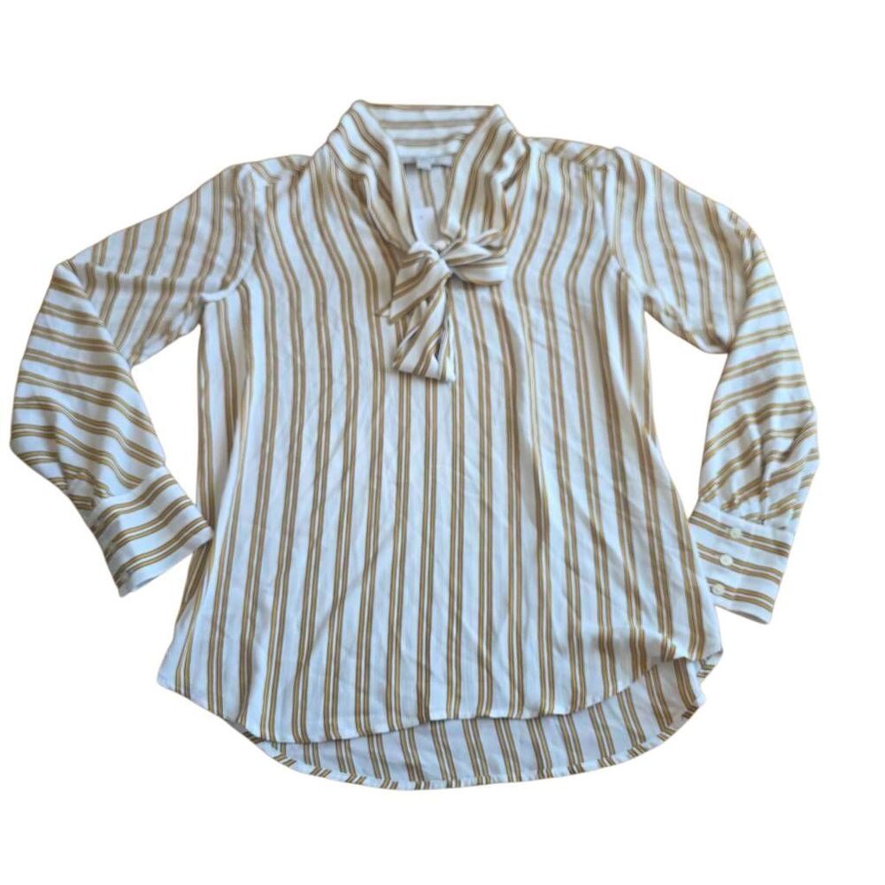 Loft white orangeyellow striped collar strings top womens Sz S new